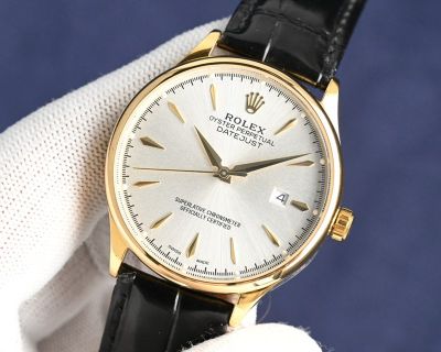 Rolex Datejust 8215 Movement 40mm 316L Steel White/Gold Face Italian Black Leather Band Watch